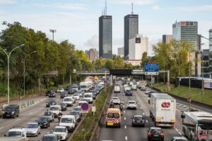 Paris, France – 30th September, 2019:  Slow traffic on the Boulevard Peripherique going in to Paris during morning rush hour