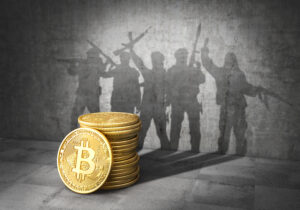 Terrorism concept. E-financing of terror. Stack of bitcoin cast shadow in form of band of terrorists with weapons. 3d illustration