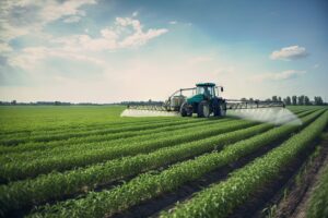 A plantation field with a tractor and Glyphosate irrigation, chemical products in agriculture. Pesticides on plantantion field at sunset. Generative AI Technology.