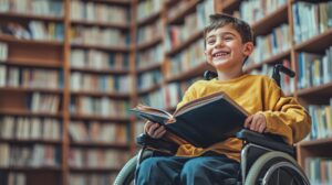 a happy young boy in a wheelchair at school