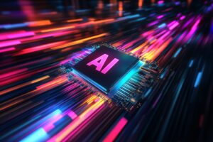 Futuristic ai chip with neon lights and digital data stream
