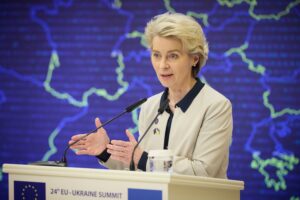 Kyiv, Ukraine. 03rd Feb, 2023. European Commission Ursula von der Leyen, President of the European Council Charles Michel (not seen), Ukrainian President Volodymyr Zelensky (not seen), attend the joint press conference following the 24th EU-Ukraine summit