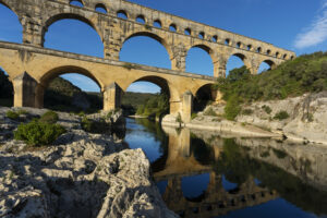 Horizontal view of famous Pont du Gard, old roman aqueduct in France