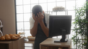 Frustrated man wearing apron stands in bakery with hands covering face in front of computer
