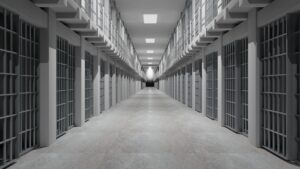 Rows of prison cells, prison interior.