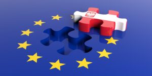 European Union flag, Poland flag puzzle piece. 3d illustration