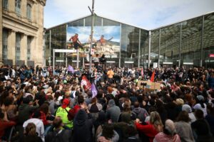 Paris, France. 10th Sep, 2025. Protesters chant demonstrate near of the Gare du Nord train station in Paris, on September 10, 2025 during the “Bloquons tout” (“Let’s block everything”) protest movement. The broad anti-government campaign, dubbed “Bloquons