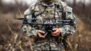 Soldier controls drone during war or training on forest background, military using modern uav for surveillance. Concept of army, intelligence, warfare, summer