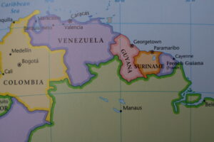 Northeast South America Political Map: Venezuela, Guyana, Suriname and French Guiana Borders. Geography of Amazon Region Close-up on Educational Atlas