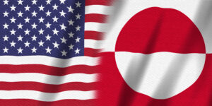 USA flag stars and stripes and Greenland flag background