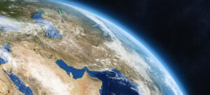 Planet Earth. Middle East. Earth at day on the starry sky. UAE, Iran, Saudi Arabia, Oman, Israel, Iraq, Syria, Pakistan, Arabian Peninsula. Asia.
