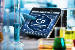 Scientist working on the digital tablet data of the chemical element Cadmium Cd / researcher consulting information on the computer of the periodic table of elements