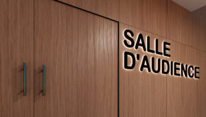Justice and law concept. Inscription of a courtroom in French. Start of legal proceedings. Historic trial in France. Paris Attacks. 3D rendering.