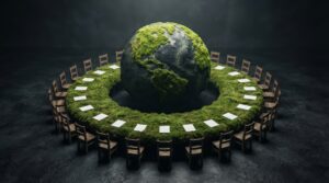 Global cooperation for a sustainable planet depicted as an eco conference with a moss earth and round table.