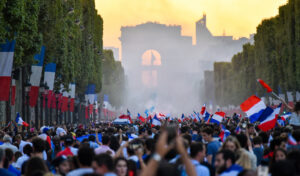 PARIS, France – July 15, 2018 : thousands of jubilant french fans on the Avenue des Champs-Élysées celebrating France&rsquo;s victory over Croatia in the 2018 FIFA World Cup Final.
