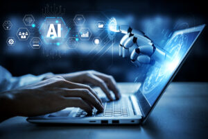 Futuristic Robotic Hand Interacting with Laptop Display Showcasing Artificial Intelligence Concept in Modern Digital Workspace Quark