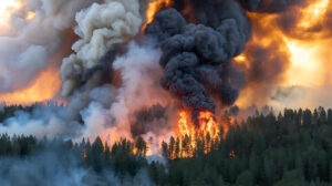 Wildfire, forest fire, smoke and flames, burning trees, natural disaster